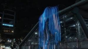 流stream 以 聚集蔓延 作為創作理念 以 水 的形象轉化為與廣場地景結合的燈光裝置 建構起廣場的新地標 此公共藝術透過對於場域歷史的思考承接起都市空間記憶的斷層 打造兩座以 水的意象 發展的電子造景裝置 interactive lighting light installation