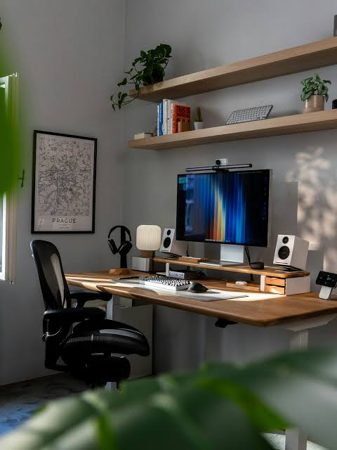 Dedicated home office setup featuring ergonomic workspace design., 