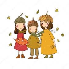 Tres pequeñas hadas del bosque. Elfos de dibujos animados. Postal de otoño.  Tres hermanas disfrazadas - Vector Stock Vector by ©Natasha_Chetkova  239089674