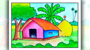 People, cows, trees and houses are the main elements of this scene. How To Draw Simple Scenery For Kids Easy Scenery Drawing Art Drawings For Kids Scenery Drawing For Kids Easy Drawings
