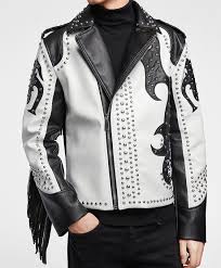 Black And White Jacket Mens Two Tone Black White Leather Jacket Silver Studded Long Fringes Hand Crafted Studded Jacket Studded Leather Jacket Leather Jacket Men