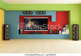 Empty Room With Home Theater Empty Colorful Living Room With Home Theater System Rendering The Image On Screen Is A My Canstock The term home theater applies to an entertainment room designed to resemble a commercial movie theater, but made with the conditions of a living space in mind.