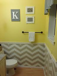 Simple Chair Rail With 2 Toned Walls Guest Bathroom Yellow With Grey And White Chevron My Guest Bathroom Grey Bathrooms Guest Bathroom Bathroom Red