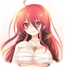 tachitsu teto, alastor (shakugan no shana), shana, shakugan no shana,  1girl, ahoge, alternate breast size, between breasts, blush, breasts, cape,  chest sarashi, female focus, hand on own chest, jewelry, large breasts, long