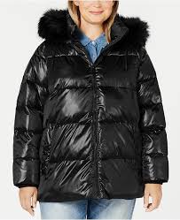 Plus Size High Shine Faux Fur Trim Hooded Puffer Coat