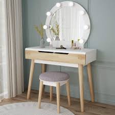 Tesseract, foyer (original motion picture. Amazon Com Tribesigns Vanity Set With Round Lighted Mirror Wood Makeup Vanity Dressing Table Dresser Desk With 2 Drawers And Cushioned Stool For Bedroom White Kitchen Dining