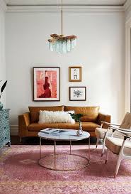 Living Room Mid Century Brown Sofa Brown Leather Sofa Couch Artwork Rug Pink Rug Floral Moroccan Brown Living Room Living Decor Room Interior