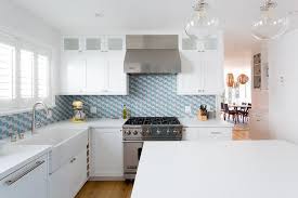 Large selection of unfinished kitchen cabinets, shaker prefinished cabinets. Blue And Gray Geometric Kitchen Backsplash Tiles Transitional Kitchen