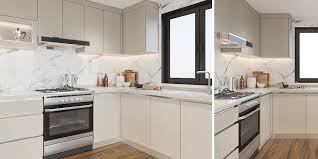 Finally, for cabinets that are a solid color, such as white or the popular putty, blues, or greens of today's kitchen designs, wood grain will not show. Modern White U Shaped Melamine Kitchen Cabinet Op20 M03 Bb Furnishings