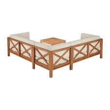 Hampton Bay Willow Glen Farmhouse Teak Wood Outdoor Patio Sectional Sofa With Beige Cushions And Coffee Table 81985 In 2020 Patio Sectional Beige Cushions Coffee Table