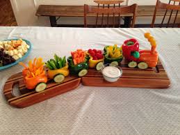 Veggie Train Made From Peppers Carrots Cucumbers And Cherry Tomatoes Held Together With Toothpicks Kids Party Food Baby Shower Fruit Veggie Snacks