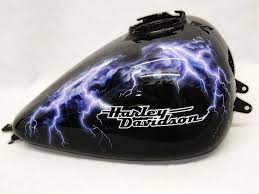Airbrushed Lightning And Hd Script On A Black Tank Www Madshadowcustompaint Com Custom Paint Motorcycle Custom Paint Custom Tanks