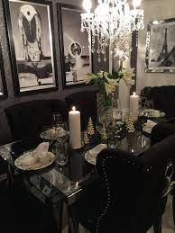 Luxe Dining Room Black And White African Art On Wall Inform Tells A Story Through Pic Collage Dining Room Glam Black Living Room Decor Luxe Dining Room