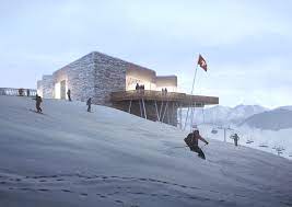 gourmet dining at 2360m the gutsch restaurant in the new ski region andermatt in th restaurant architecture architecture visualization stone cladding exterior