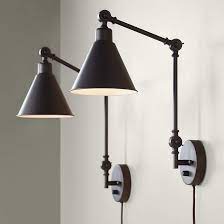Swing arm wall lamps are also perfect for home offices and living rooms, where they can act as supplementary task lighting when needed, and pushed back up against the wall when not in use. Wray Bronze Metal Plug In Wall Lamp Set Of 2 9j647 Lamps Plus In 2020 Plug In Wall Lamp Wall Lamps Bedroom Swing Arm Wall Lamps