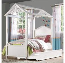 Twin size full canopy curtain set white and pink. Rapunzel White Wood Twin Canopy Bed With Trundle By Acme