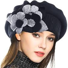 LADY French Beret 100% Wool Beret Floral-Black Hats
