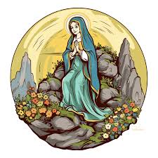 Our Lady Of Lourdes Vector, Sticker Clipart The Mary Sitting On The  Mountain With Flowers Around Her Cartoon, Sticker, Clipart PNG and Vector  with Transparent Background for Free Download