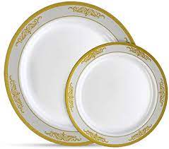 Party essentials plastic party plates, 7.5 (360 ct.) artstyle patriotic flag of texas oval paper plates and dinner napkins (205 ct.) if you are planning a party or you find yourself feeding a crowd on a regular basis, you know how convenient it is to have a pantry stocked full of party supplies such. Laura Stein Designer Dinnerware Set 32 Disposable Plastic Party Plates White Plate With Gold
