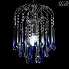 Rare vintage italian solid brass chandelier with blue murano opaline glass drops. Drop Chandelier In Blue Clear Glass Original Murano Glass Omg