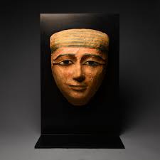 Egyptian Painted Wood Sarcophagus Mask with Inlays