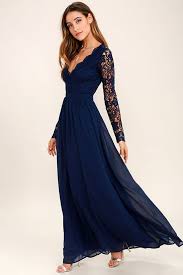 Awaken My Love Navy Blue Long Sleeve Lace Maxi Dress Bridesmaid Dresses With Sleeves Prom Dresses With Sleeves Long Sleeve Lace Maxi Dress