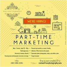 Ada perusahaan yang sedang membuka kesempatan lowongan kerja barista , part time, barista, director of accounting, staf marketing dan banyak lagi di daerah yogyakarta melalui indeed.com. Lowongan Kerja Part Time Marketing Di Vac Photography Yogyakarta Portal Info Lowongan Kerja Jogja Yogyakarta 2021