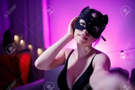Selfie Photo Of Sexy Woman In Bdsm Cat Mask. Concept Work On Internet  Webcam Model Streamer Stock Photo, Picture and Royalty Free Image. Image  183607819.