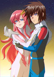 amasaki yusuke, kira yamato, lacus clyne, gundam, gundam seed, gundam seed  freedom, highres, 1boy, 1girl, blue bodysuit, blue eyes, bodysuit, breasts,  brown hair, couple, hair between eyes, hair ornament, hairclip, hands on
