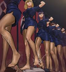 highres, 1boy, blonde hair, brown eyes, brown hair, cum, ejaculation, feet,  footjob, hair over one eye, long hair, military, military uniform, multiple  girls, pantyhose, penis, purple eyes, purple hair, salute, smelling, steam,