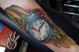 Download alarm clock font (1 styles). Time Flies Vintage Alarm Bell Clock Wings Color Arm Tattoo By Jon Von Glahn Tattoonow