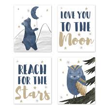 Woodland Bear And Owl Wall Art Prints Room Decor For Baby Nursery And Kids By Sweet Jojo Designs Set Of 4 Navy Blue Grey Gold And Black Celestial Moon Star