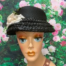 60s Dianne Black Straw Lampshade Hat Bucket Silk Flower