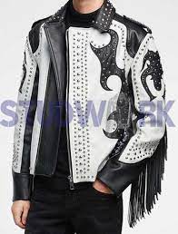 Two Tone Black Leather Jacket White Cont Genuine Fringe Etsy Studded Leather Jacket White Leather Jacket Stylish Leather Jacket