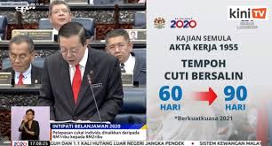 Cuti bersalin bergaji paid maternity leave adalah hak pekerja wanita dan ia adalah tempoh bagi tidak kurang daripada 60 hari berturut turut mengikut seksyen 37 akta kerja 1955. Akta Kerja 1955 Cuti Bersalin