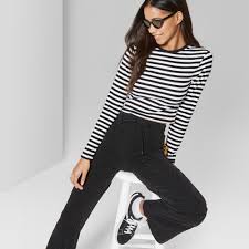 Black And White Striped Shirt Outfit Women S Women S Striped Long Sleeve Crew Neck Fitted T Shirt Wild Fable Black White Xs Outfits With Striped Shirts Long Sleeve Shirt Outfits Striped Long Sleeve