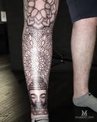 Amazing Leg Sleeve By Adam Thomas Of Marked One Tattoo Sleeve Wraps The Whole Way Around The Lower Leg Buddha Tattoos First Tattoo Geometric Tattoo Sleeve