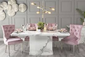 Modern elegance at its finest, the fuji dinette table featuring two fabulous finishes, brushed steel with a clear glass top and, gold metal with a marble top. Urban Deco Naples 160cm White Marble Dining Table With 6 Pink Knockerback Chrome Leg Chairs Cfs Furniture Uk
