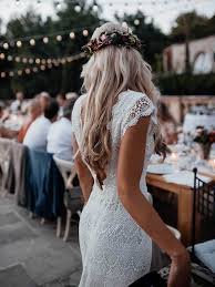 A lace wedding dress with. Backless Lace Boho Mermaid Wedding Dresses Cap Sleeve Bohemian Bridal Sheergirl