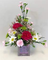 Arrangement For A Baby Girl Including Carnations Mini Carnations Daisies Poms Greenery And Babies Mini Carnations Flower Arrangements Bouquet Arrangements
