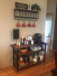 Love My New Coffee Bar Table From Wayfair And Hanging Rack From Hobby Lobby Coffee Bars In Kitchen Farmhouse Coffee Bar Coffee Bar