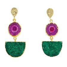 Our design features 15mm sommerso crystal clear beads that have cores of 24ct gold foil with aventurine and white glass accents, crystal bedecked rondelles and round purple glass beads. Purple Green Gemstone Gold Statement Earrings Yaa Yaa London Wolf Badger