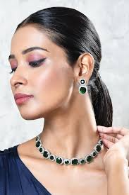 Buy Silver Plated American Diamonds And Semi Precious Sones Embellished  Necklace Set by Our Purple Studio Online at Aza Fashions.