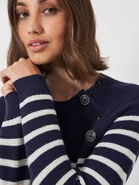 Crew Clothing Women's Harmony Merino Wool Blend Rachel Button Neck Raglan  Sleeve Jumper Navy White