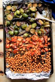 Brussels Sprout Sweet Potato And Chickpea Sheet Pan Dinner Bad To The Bowl Recipe Sprouting Sweet Potatoes Sweet Potato Bowls Sheet Pan Dinners