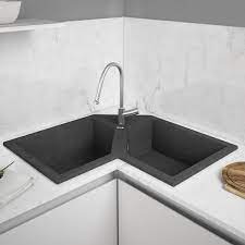 Corner bathroom sink made of white ceramic with one faucet hole. Double Kitchen Sink Supreme E830 Mundilite With Drainboard Composite Overmount