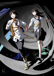 mac naut, mizuho (sonny boy), nagara (sonny boy), sonny boy, blue neckwear,  white legwear, highres, black eyes, black hair, black pants, black skirt,  dark background, holding hands, long hair, loose socks, necktie,