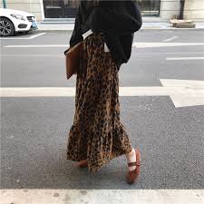 韓国ファッション秋冬レトロゴムウエストヒョウ柄切り替えデザインフリル裾ロング丈スカート ファッション ヒョウ柄 ファッションスタイル