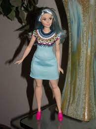 Hey Now Ooak Curvy Barbie Doll Light Blue Hair Blue Print Dress Pink Clog Shoes Blue Print Dress Curvy Barbie Light Blue Hair