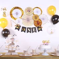 Black And Gold Balloon Cake Topper Boys Gold Black First Birthday Party Decoration Kit8pcs Gold Paper Fans1st Birthd First Birthday Party Decorations First Birthday Parties Birthday Party Banner